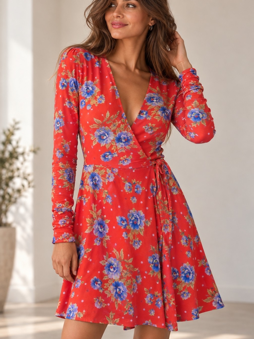 Zara Red Floral Wrap Dress with Blue Blooms,long Sleevs Size -XS